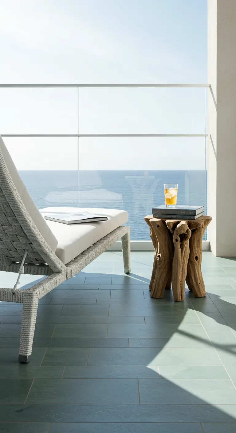 A single white woven chaise lounge and a driftwood side table on a green-tiled balcony overlooking the sea.
