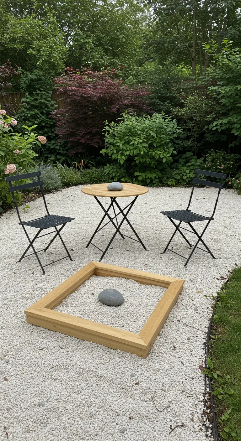 An empty wooden window frame lies in a white gravel garden, creating a border around a single stone.
