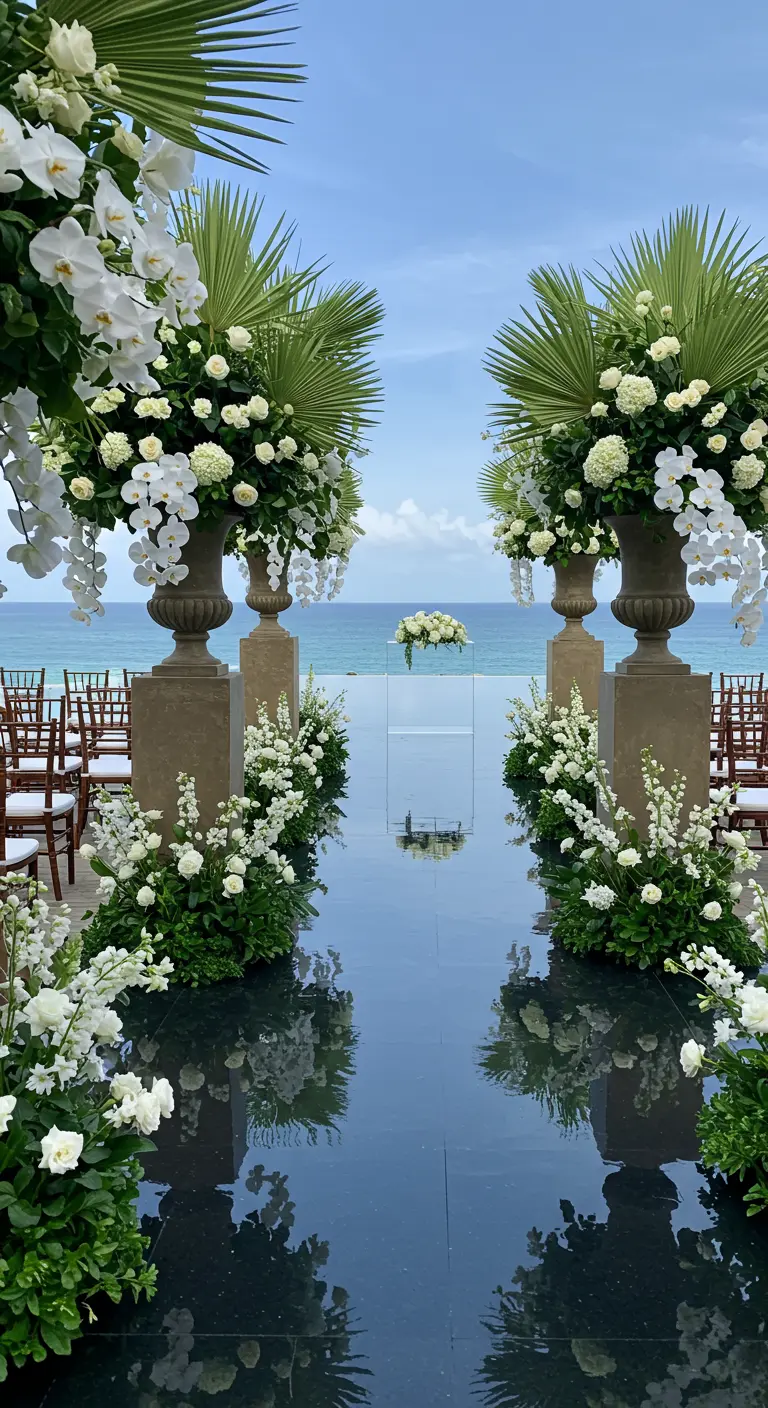 A wedding aisle with a reflective black surface, lined with large urns of white tropical flowers.