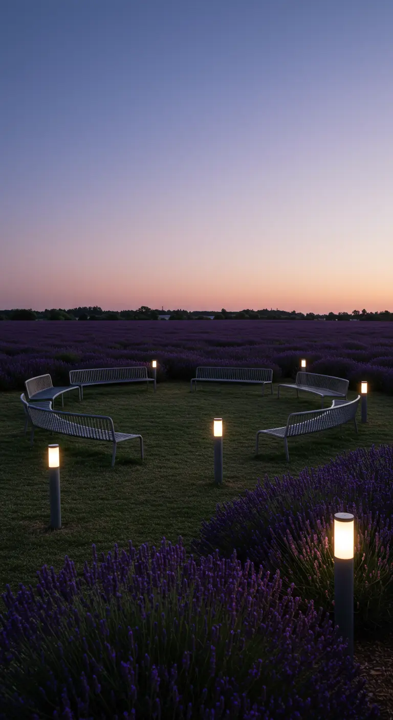 Several benches arranged in a large circle on a lawn with modern path lights.