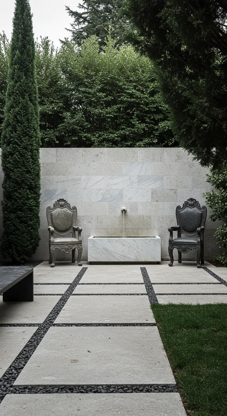 Two baroque stone chairs flank a minimalist rectangular fountain on a modern stone patio.