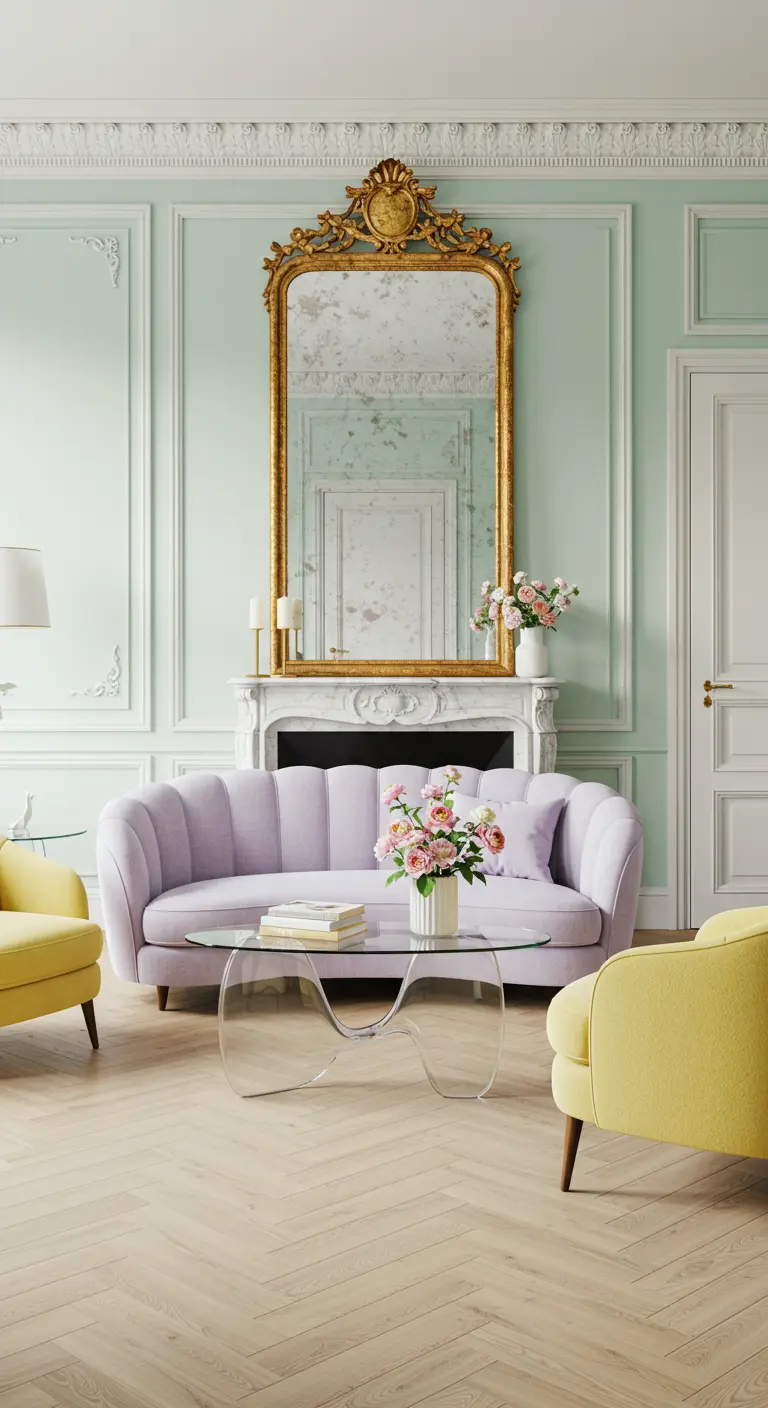 Living room with mint walls, a lilac sofa, yellow chairs, and a large gold mirror.