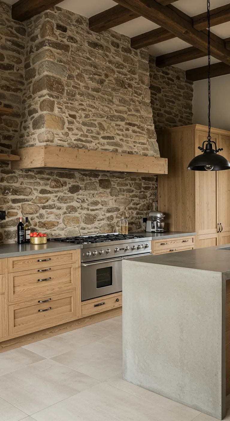 Rustic kitchen with stone walls, oak cabinets, and a modern concrete island.