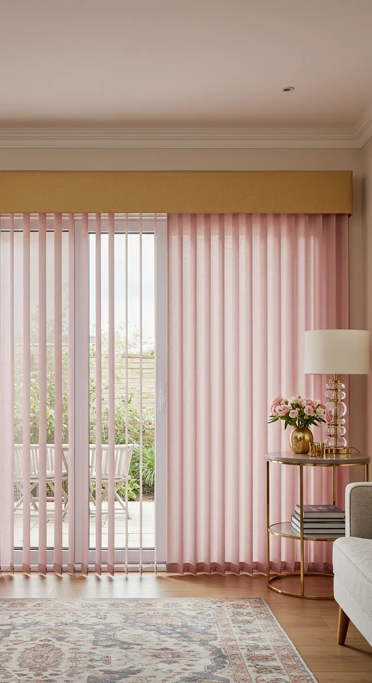 Dusty pink vertical blinds cover a sliding glass door to a patio.