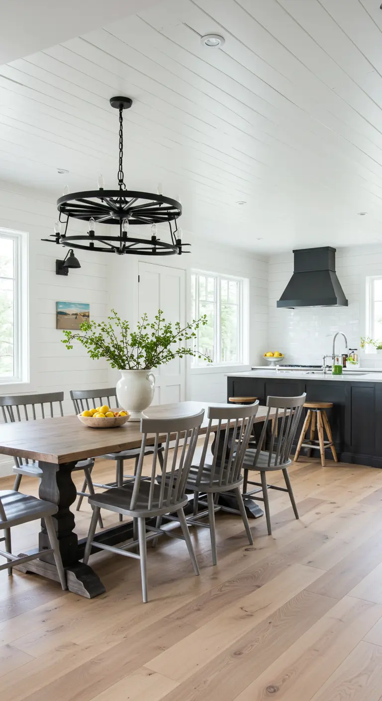 A modern farmhouse dining room with a wood table and gray-black Windsor chairs.