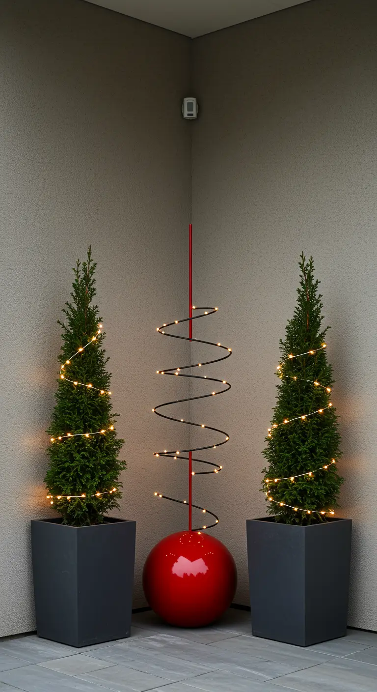 Two conical evergreens flanking a modern red and black spiral light sculpture.