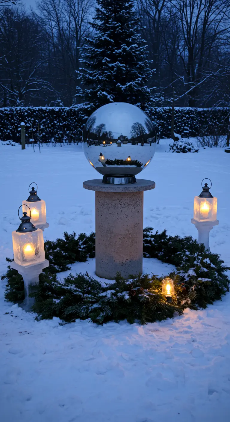 A modern garden pedestal with a gazing ball, surrounded by a wreath and lanterns in the snow.