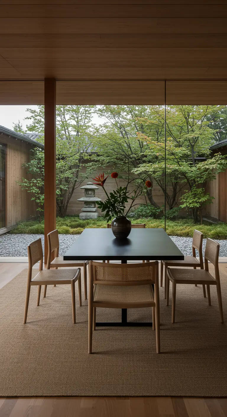 Minimalist dining area with a square black table and cane chairs overlooking a Japanese garden.