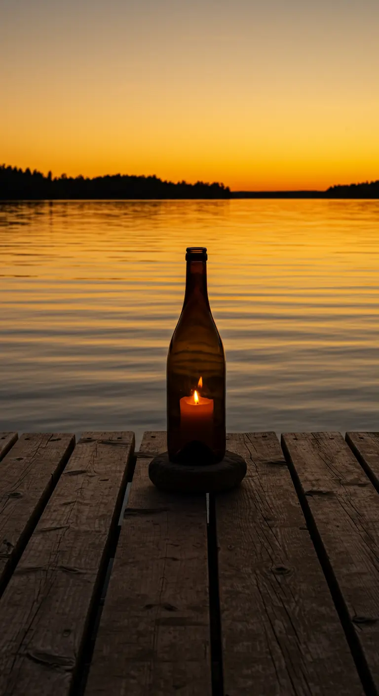 A single wine bottle candle lantern on a wooden dock overlooking a lake at sunset.
