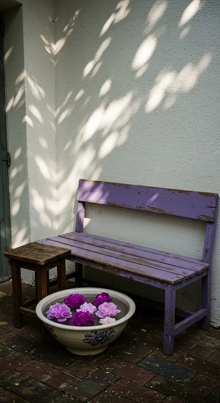 A distressed purple bench with a bowl of water and floating peony blossoms.