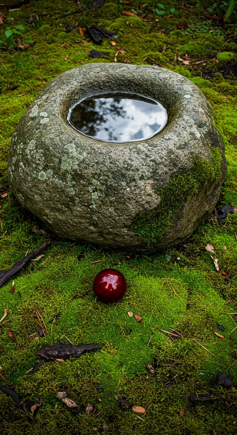A Japanese stone water basin on a mossy ground, with a single red sphere beside it.