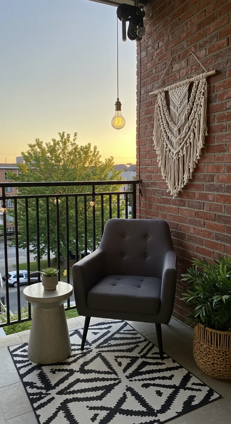 A simple balcony setting with a gray chair, macrame wall art, and a single Edison bulb at sunset.