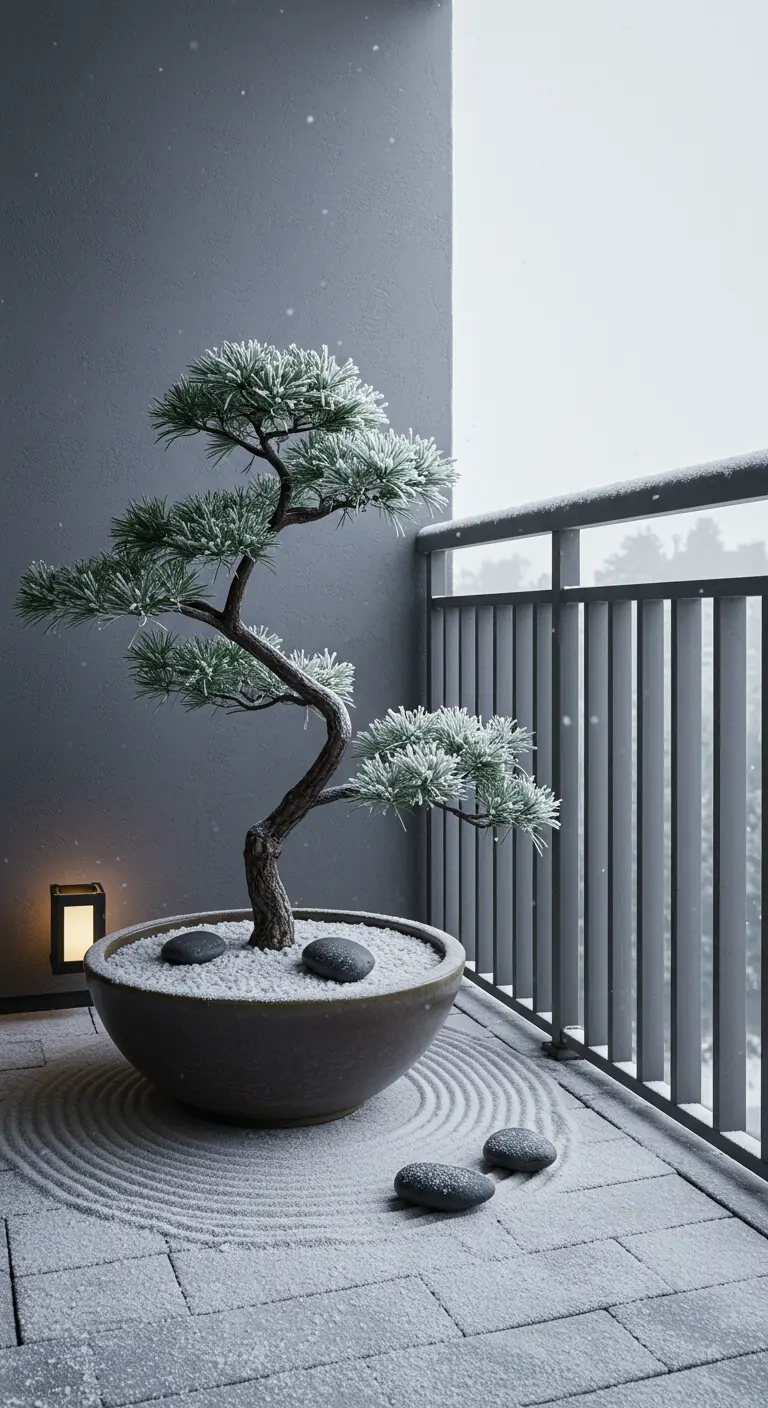 A single, sculptural bonsai pine tree in a shallow bowl on a snowy, minimalist balcony.