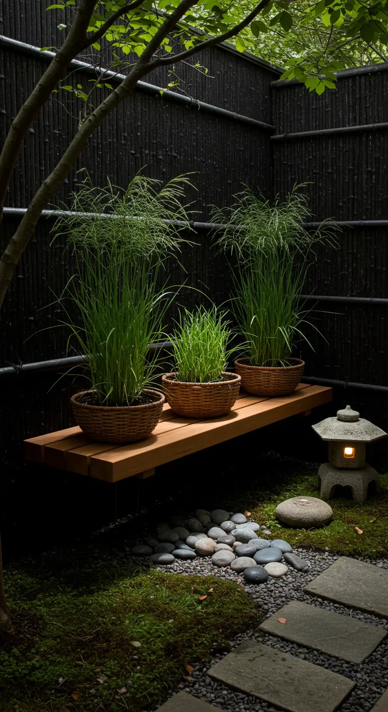 A low teak shelf in a Zen garden with ornamental grasses against a black fence.