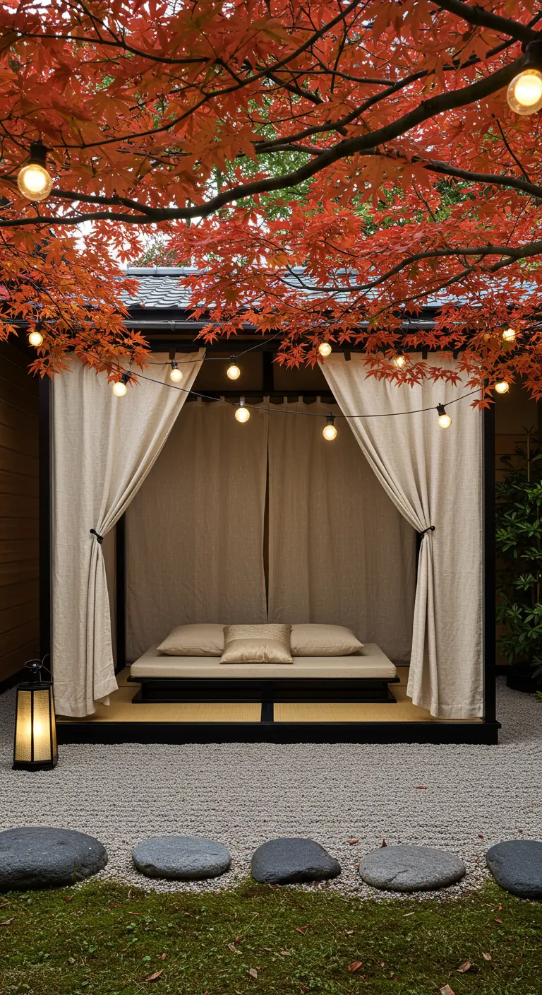 Japanese-style low canopy bed in a zen garden with a maple tree.