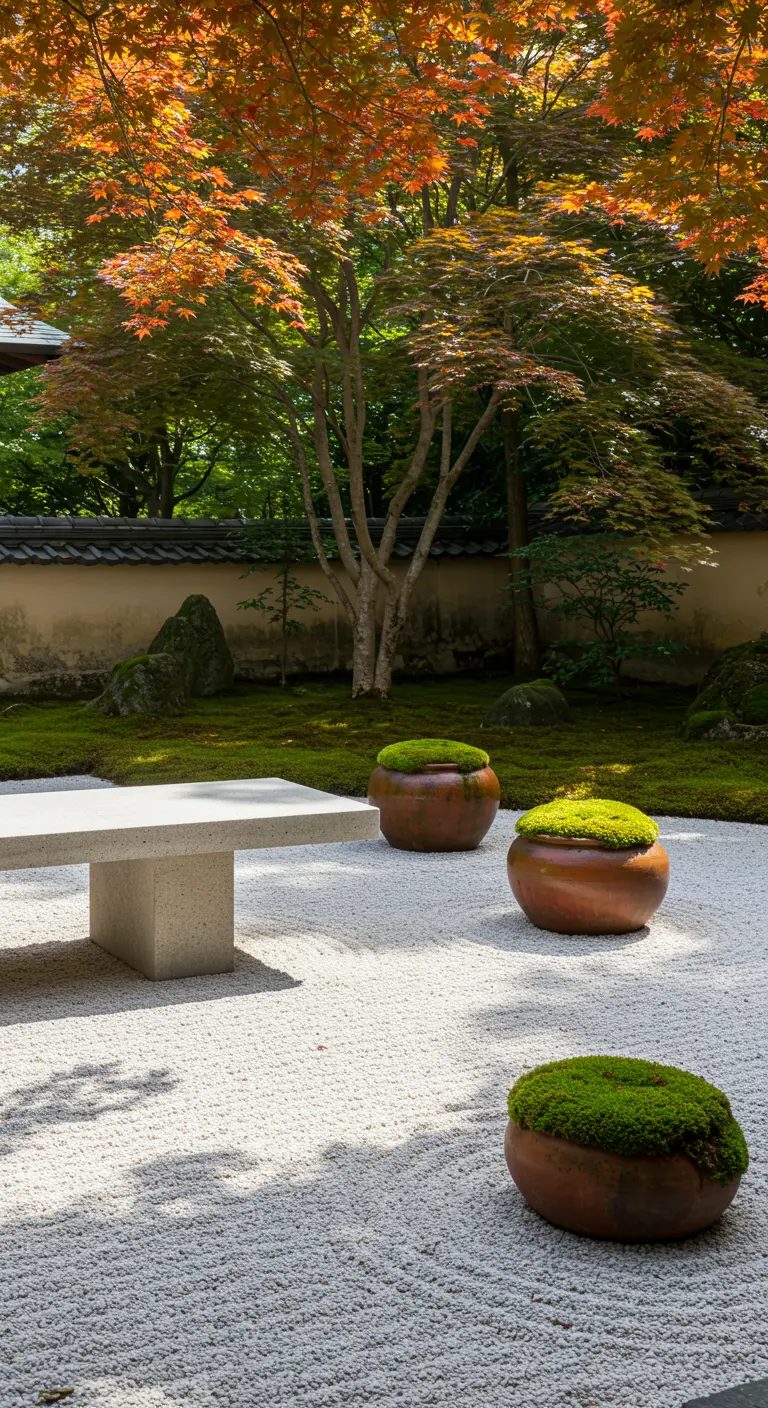 A minimalist concrete bench in a serene Japanese garden with raked sand and mossy pots.