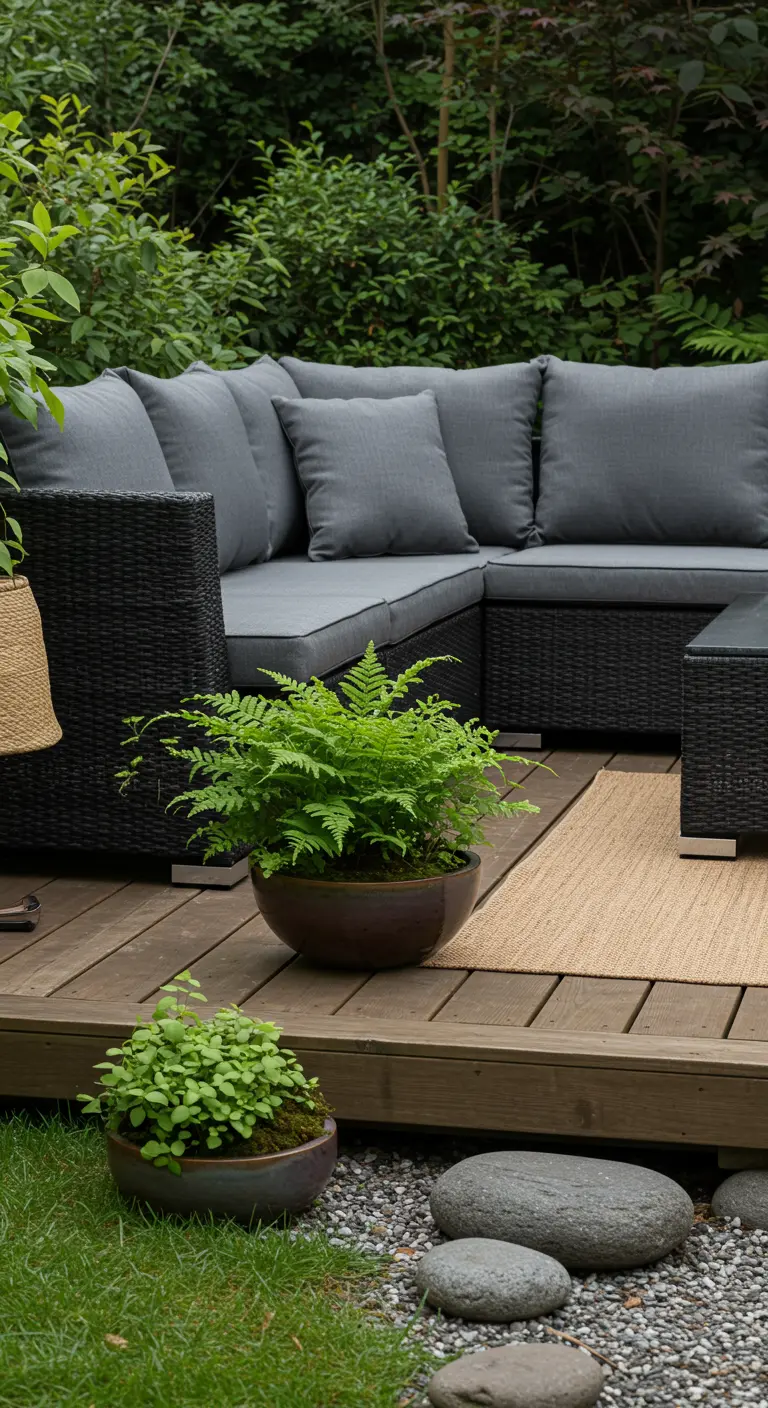 A dark sectional on a wooden deck with ferns in low ceramic bowls and river stones.