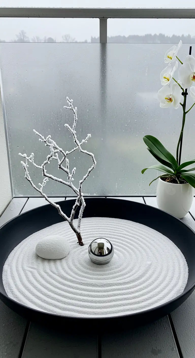 A tabletop Zen garden with white sand, a frosted branch, a stone, and a silver sphere.