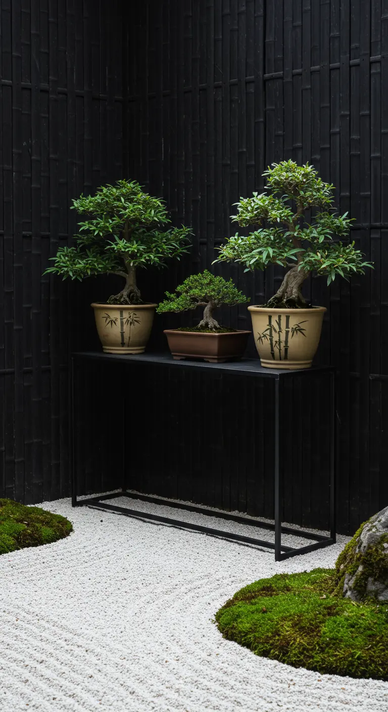 Bonsai trees in minimalist Japanese-style planters on a black console in a zen garden.