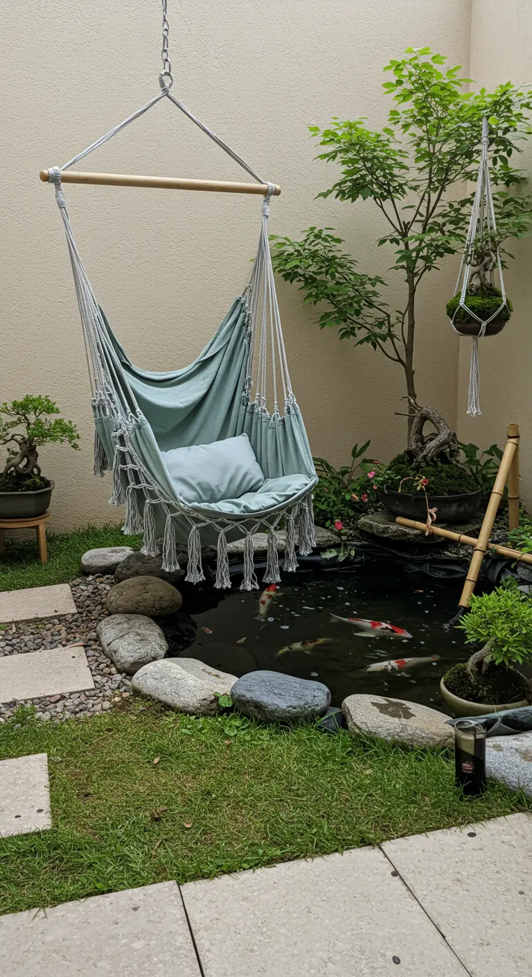 A muted green hammock chair beside a small Japanese-style garden with a koi pond and bonsai.