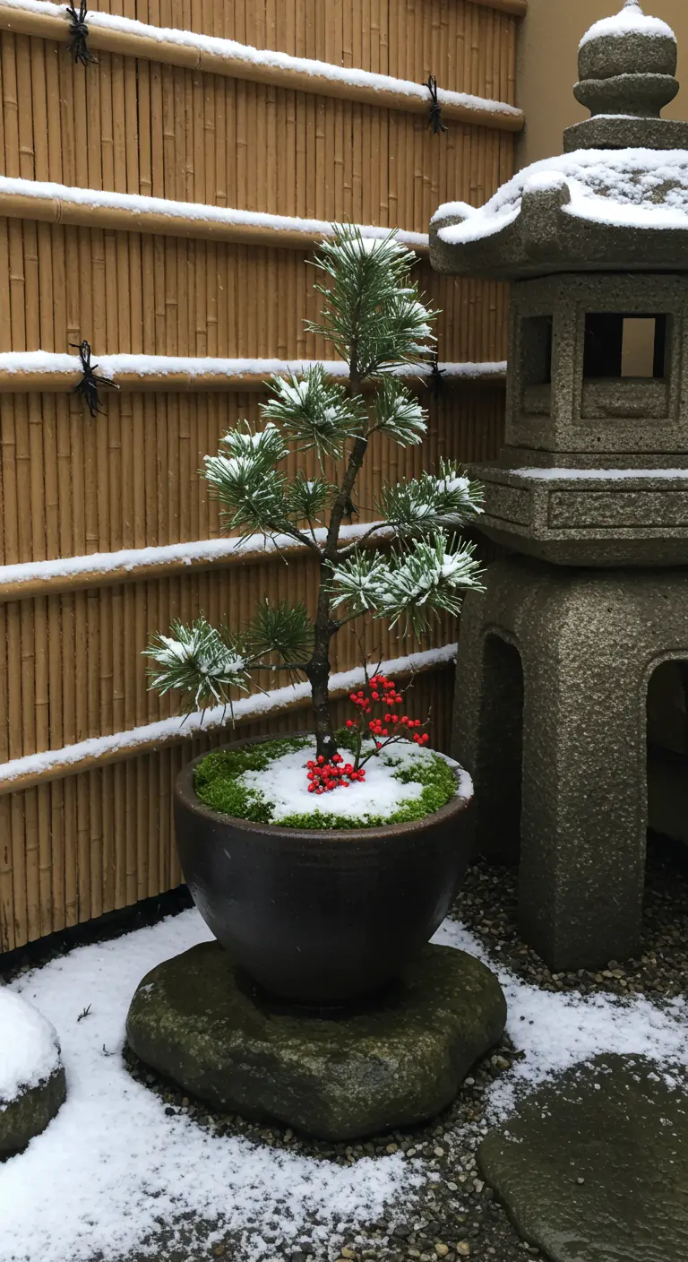 A small bonsai-like pine with a few red berries in a ceramic pot next to a stone lantern.