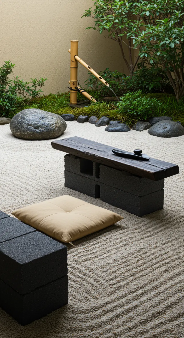 A dark-stained wood bench on cinder blocks in a Japanese zen garden with raked sand.