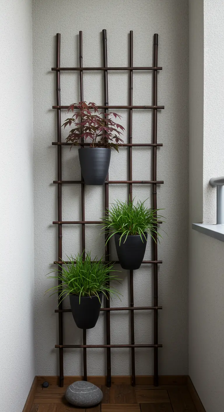 A dark bamboo trellis on a light wall with three minimalist black pots.