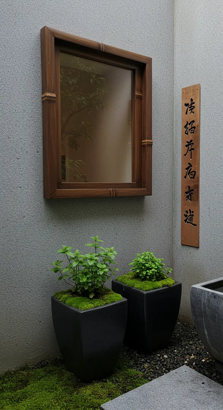 A dark wood window frame with a reflective pane mounted on a gray wall in a zen garden setting.
