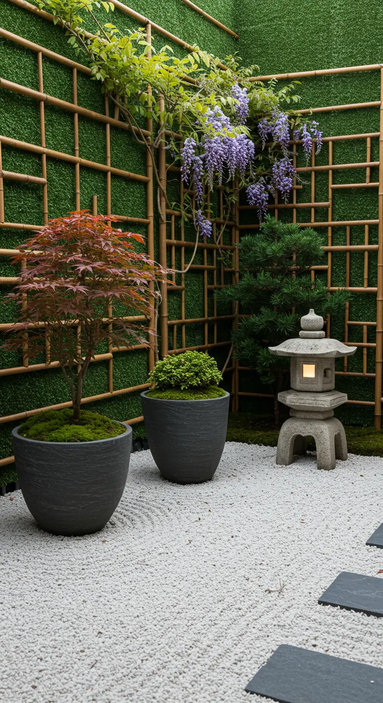A small zen garden with a Japanese maple, stone lantern, and bamboo trellis on white gravel.