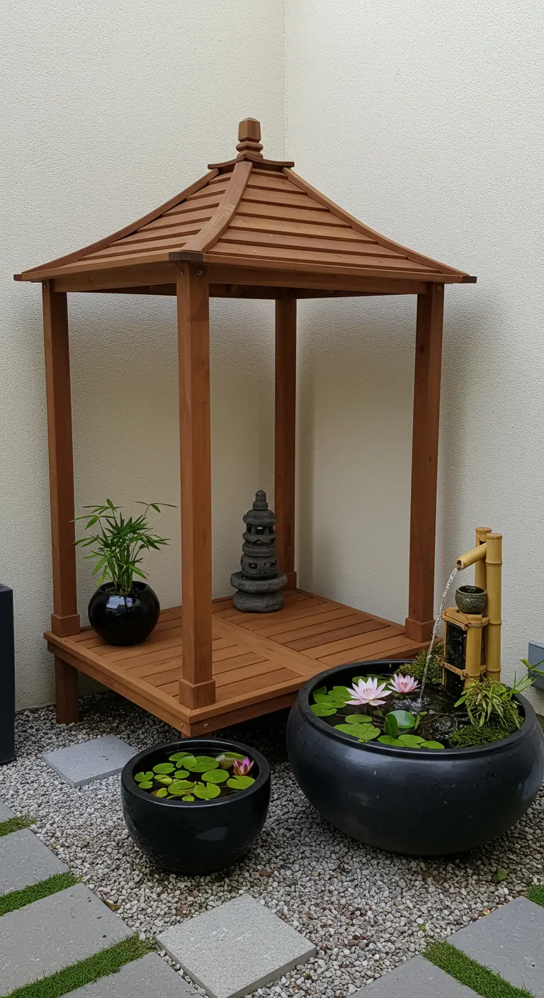 A miniature wooden pagoda shelter in a zen garden with a small water feature and water lilies.