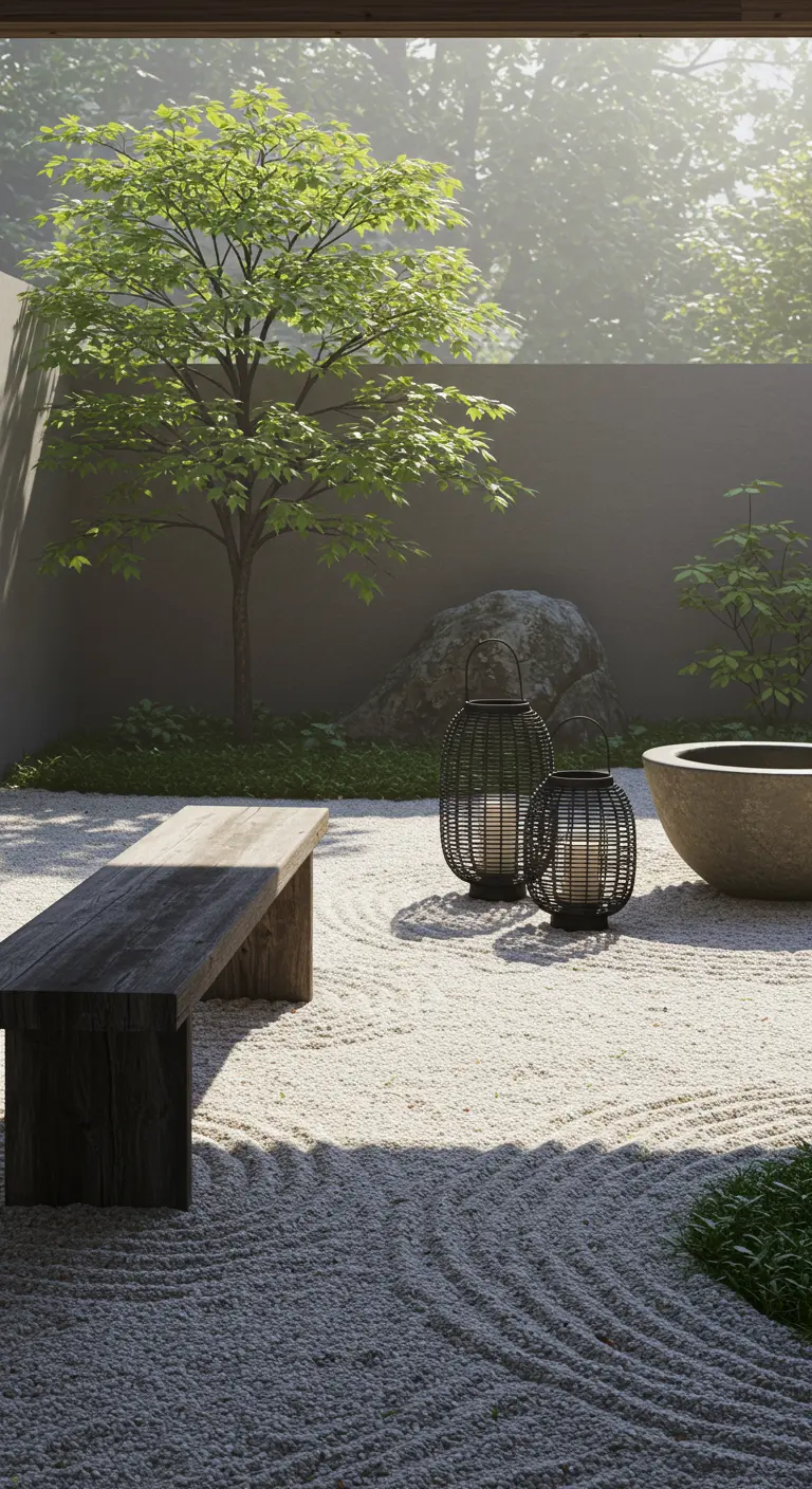 A dark wood bench and black lanterns in a minimalist Zen garden with raked sand.