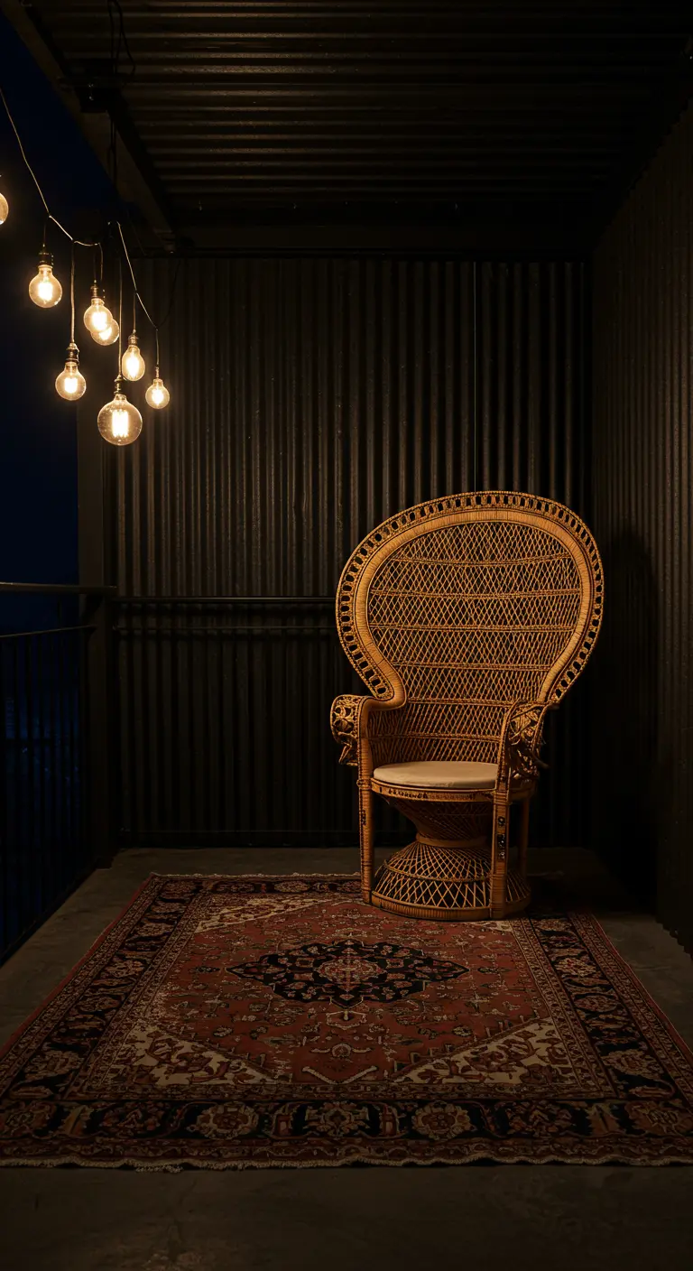 A dramatic balcony at night with a wicker peacock chair on a Persian rug against a dark wall.
