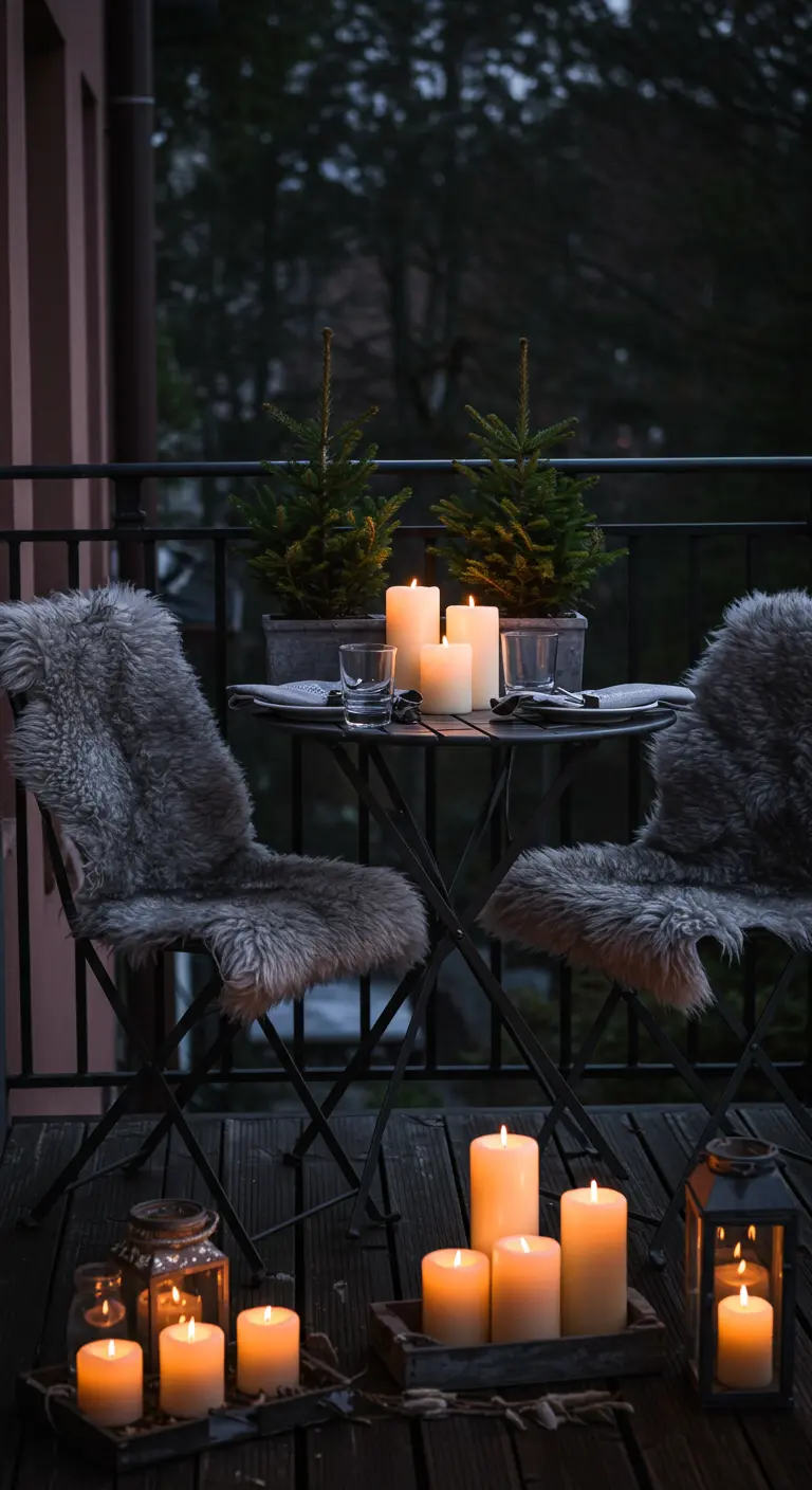 A balcony bistro table for two with chairs draped in grey faux fur, surrounded by candles.