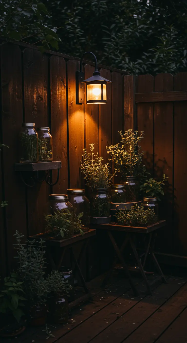 A dark, moody corner with herbs in jars arranged on shelves and stools, lit by a single rustic lantern.