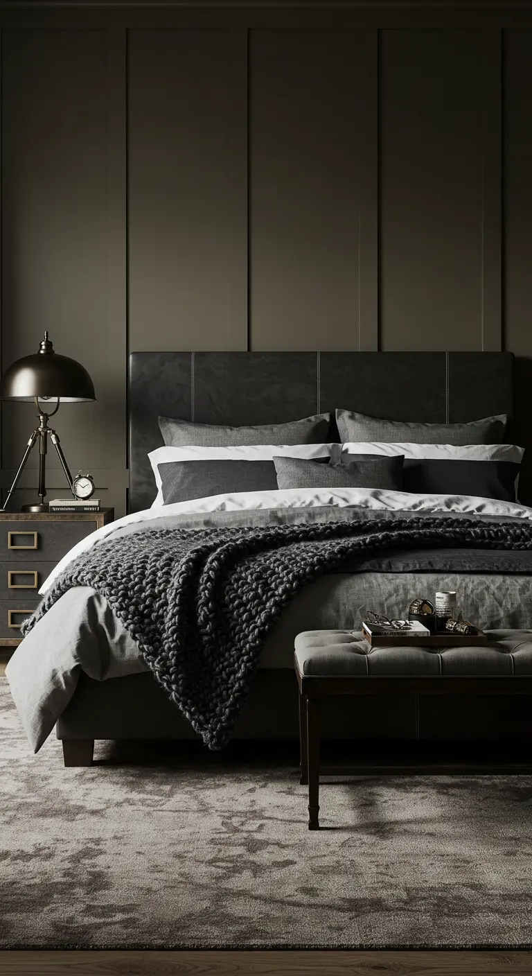 Dark, moody bedroom with a leather headboard, wall paneling, and a charcoal knit throw.