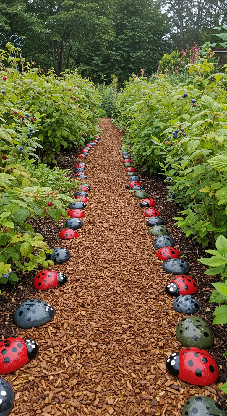 A path through a berry patch lined with alternating red and dark grey painted ladybug rocks.