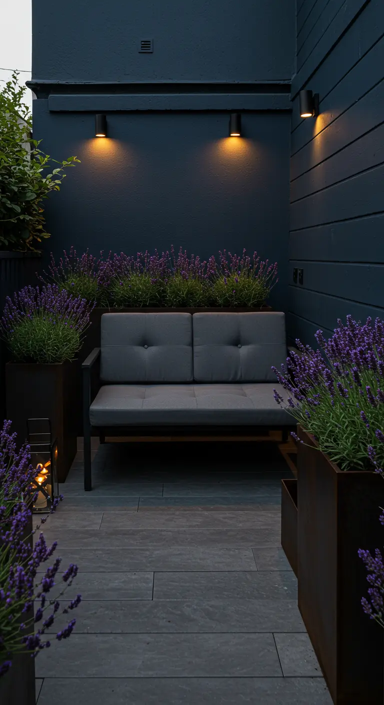 A dark blue patio at night with a grey loveseat surrounded by long planters of lavender.