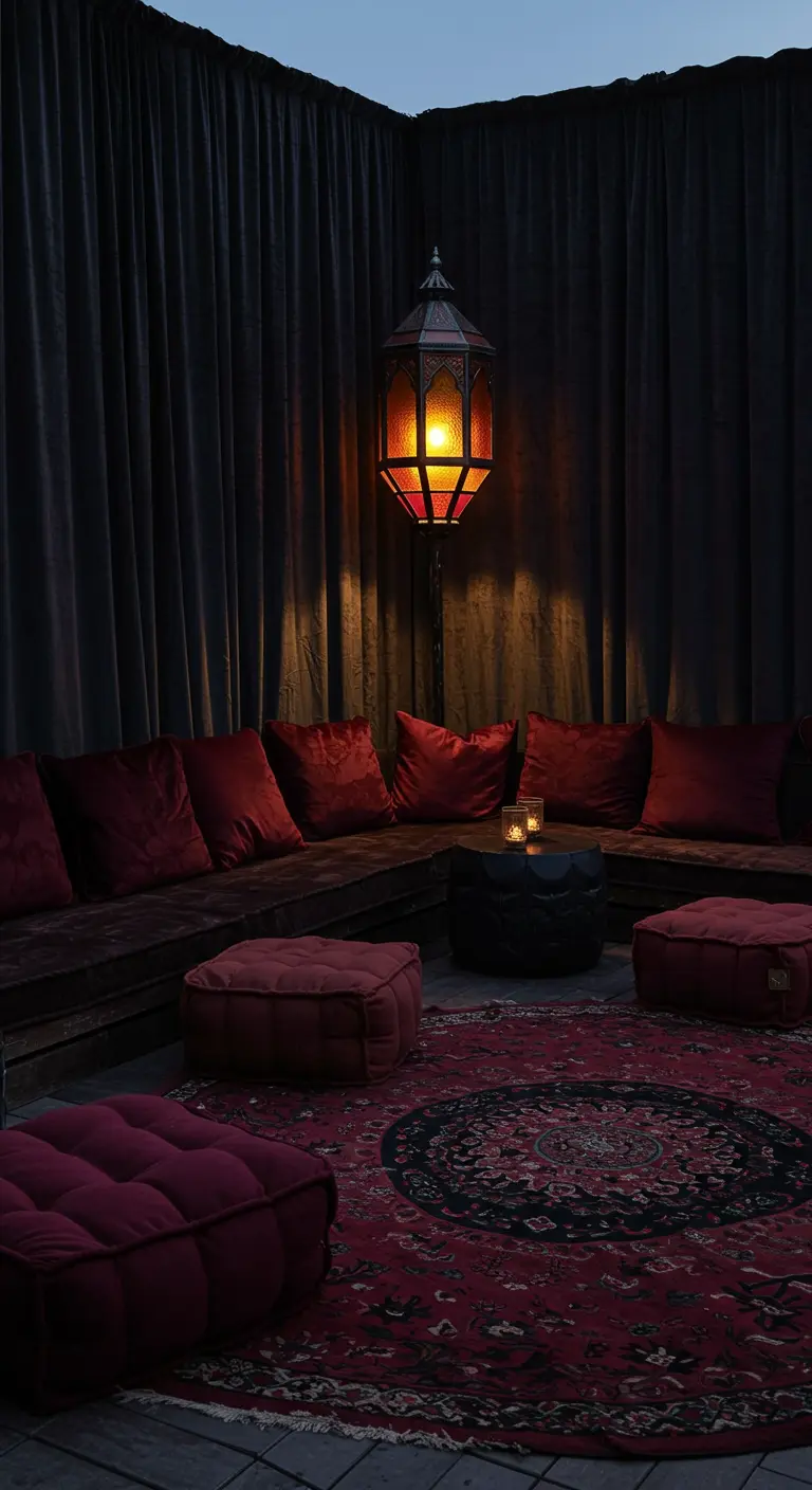 A dark, curtained terrace corner with a red kilim rug, velvet cushions, and a single lantern.