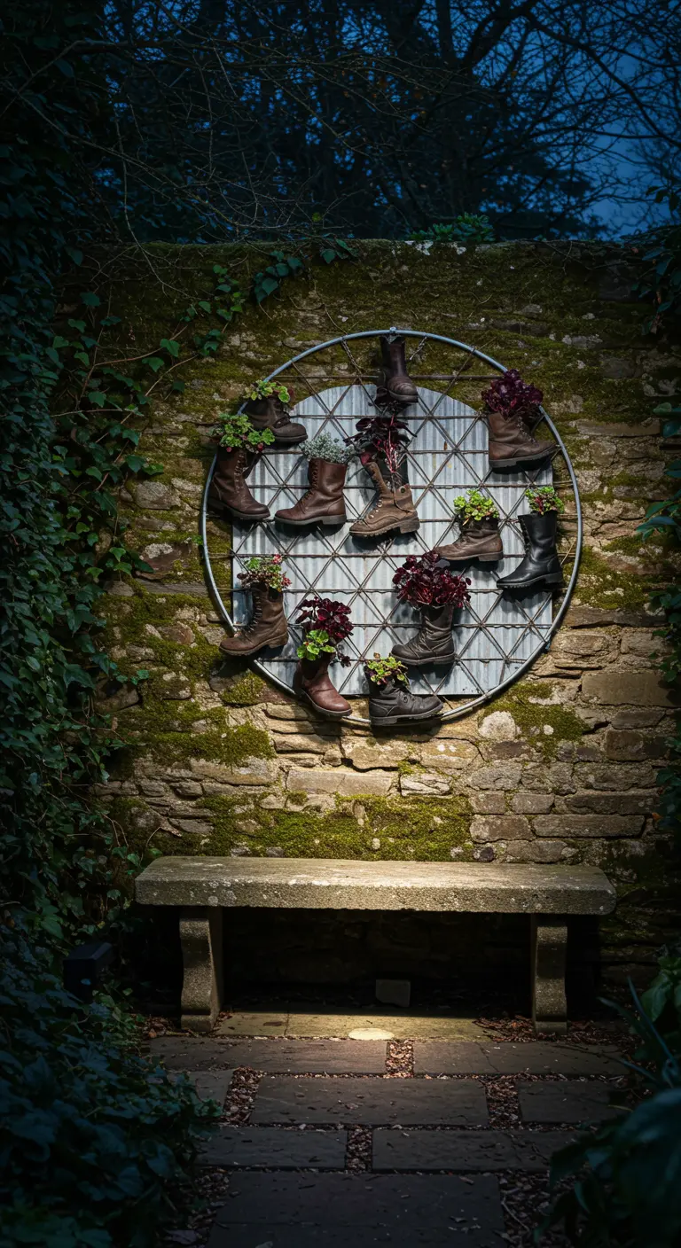 Boots with succulents on a circular trellis against a stone wall, lit at night.
