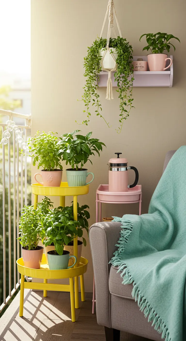 A tiered plant stand holding herbs planted in pastel-colored mugs.