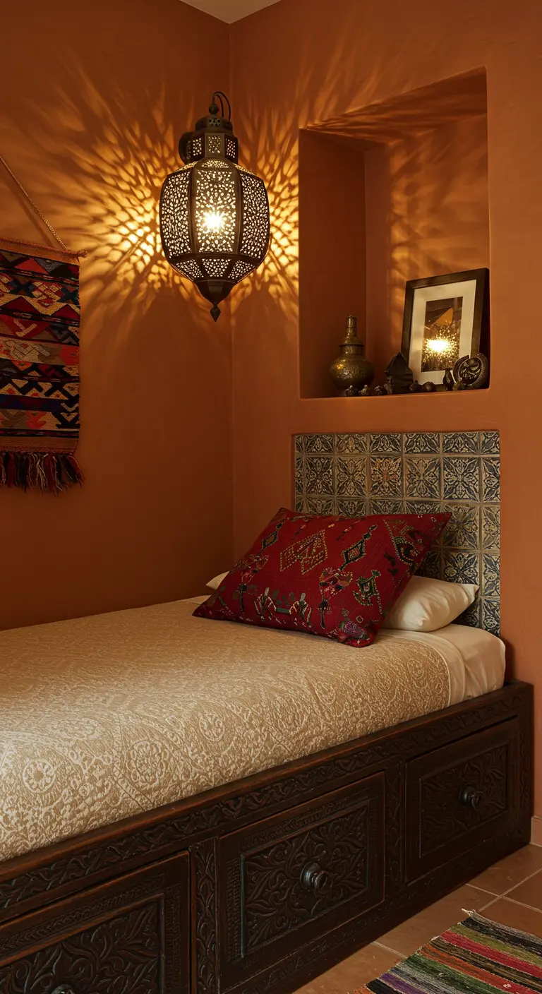 Moroccan-style bedroom with a tile headboard, recessed niche, and an ornate lantern.