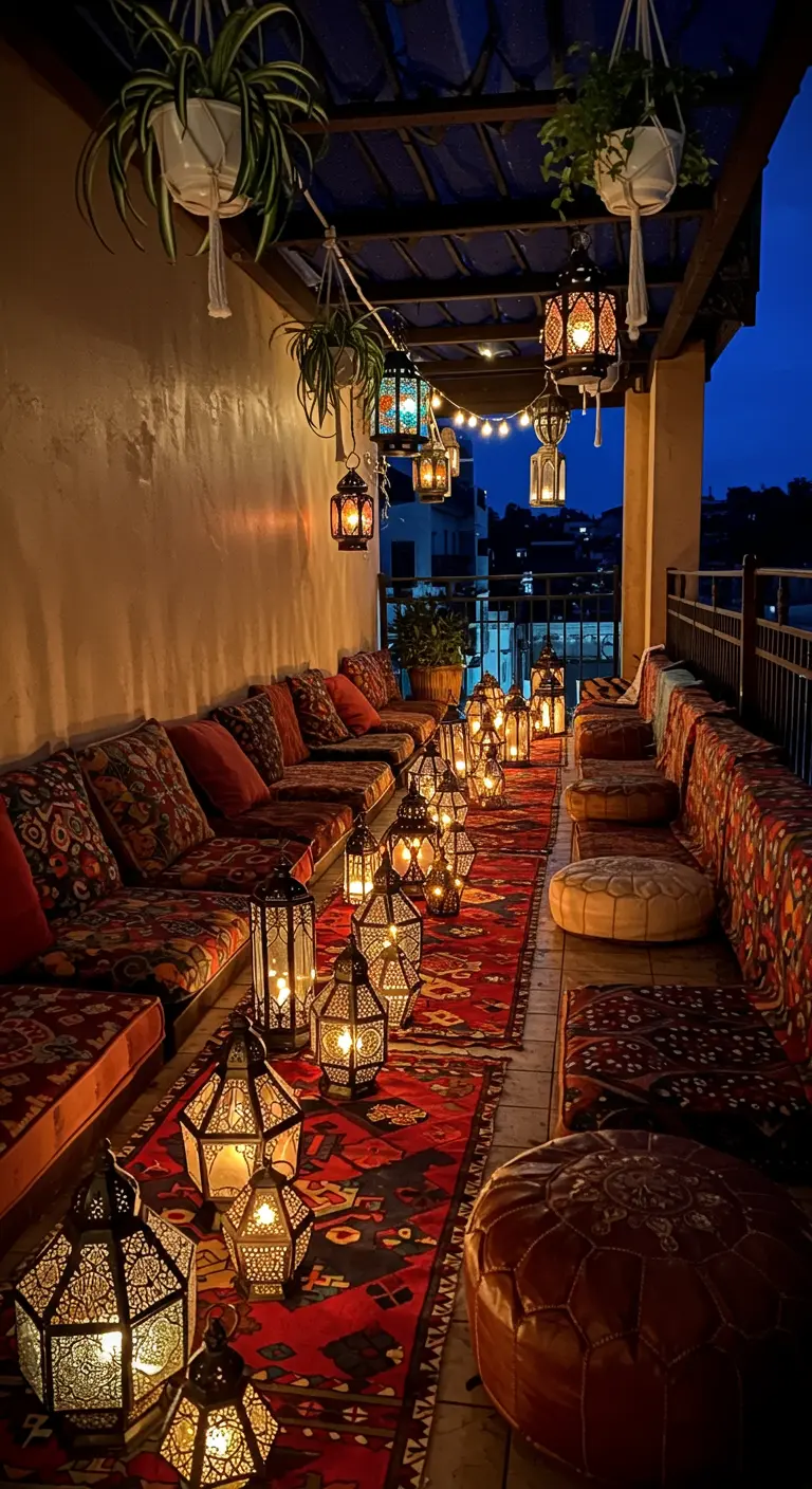 A long balcony at night with a red Kilim runner and dozens of lit Moroccan lanterns.