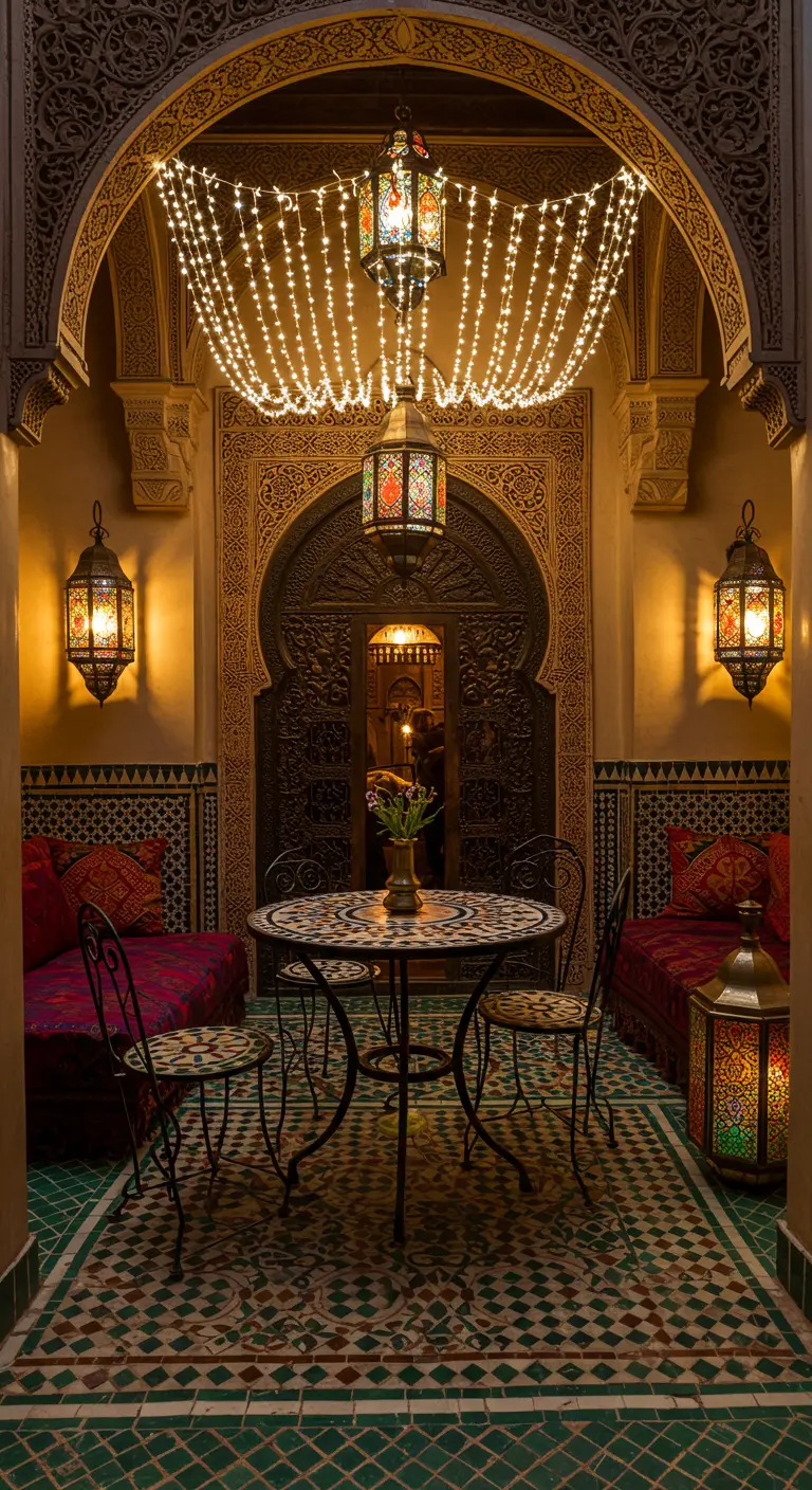 An ornate Moroccan courtyard with a mosaic bistro table, lanterns, and cascading string lights.