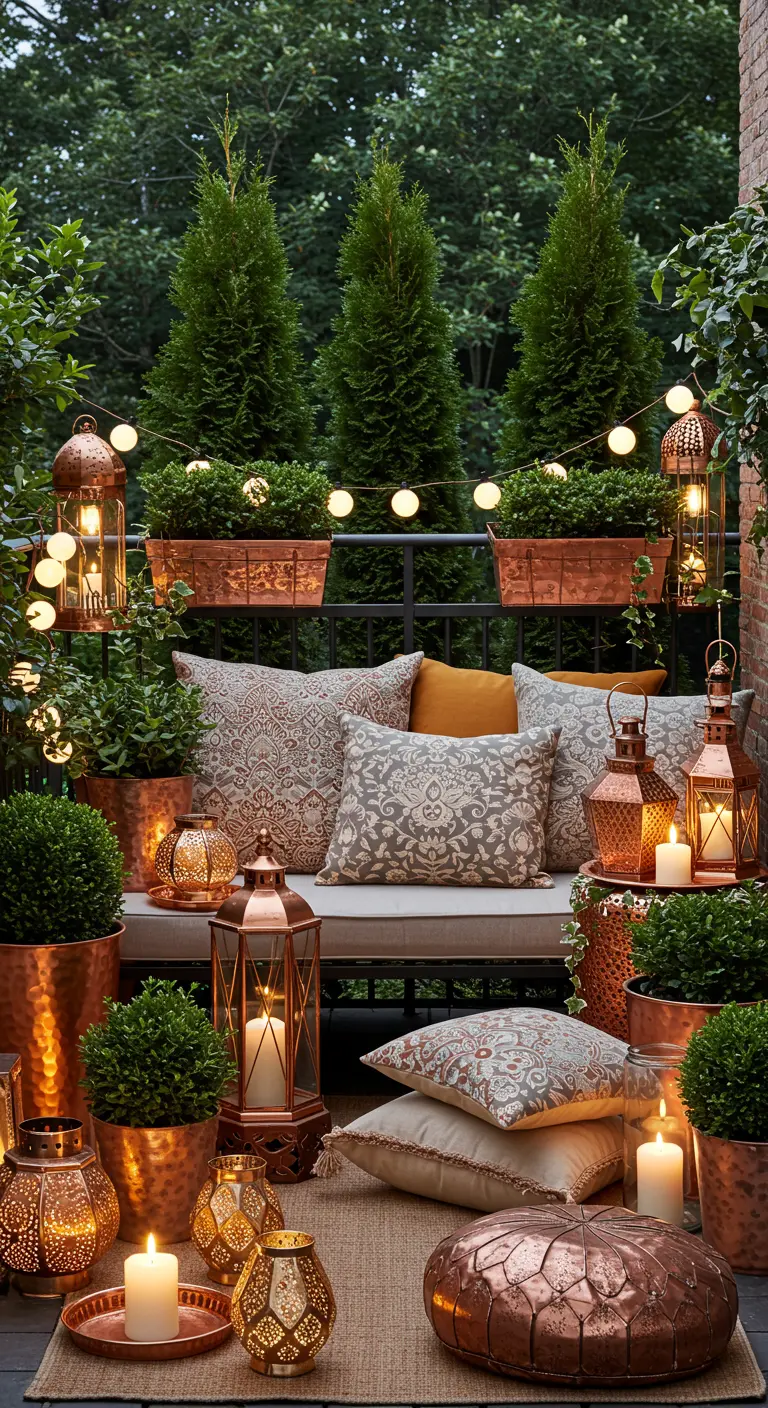 A lush Moroccan-themed balcony overflowing with patterned pillows, copper lanterns, and candles.
