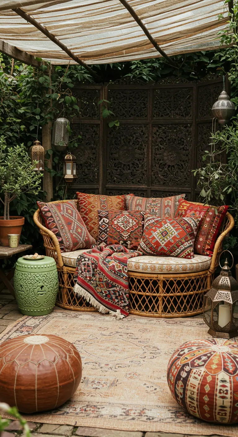 A rattan sofa covered in colorful Moroccan-style pillows and throws in a cozy courtyard.