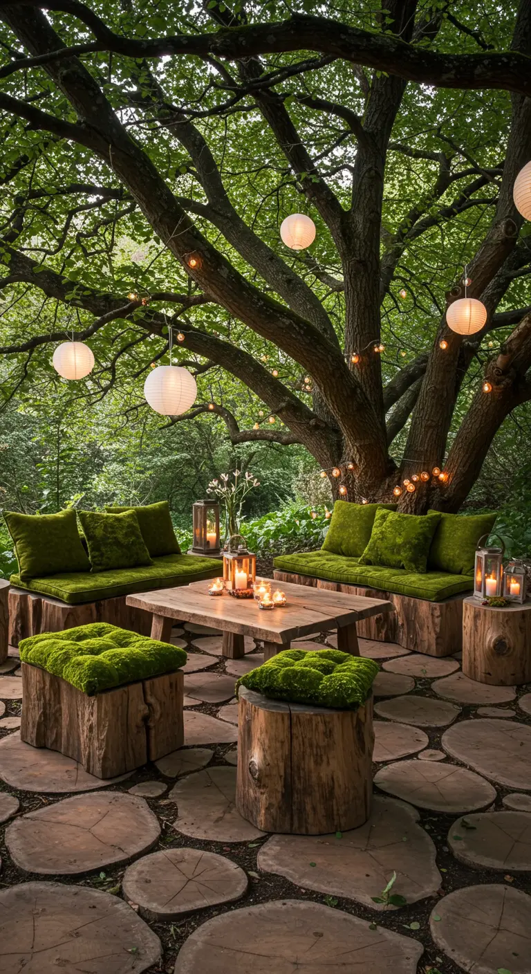 Enchanted garden seating area with moss-covered log stools and sofas under a large tree.