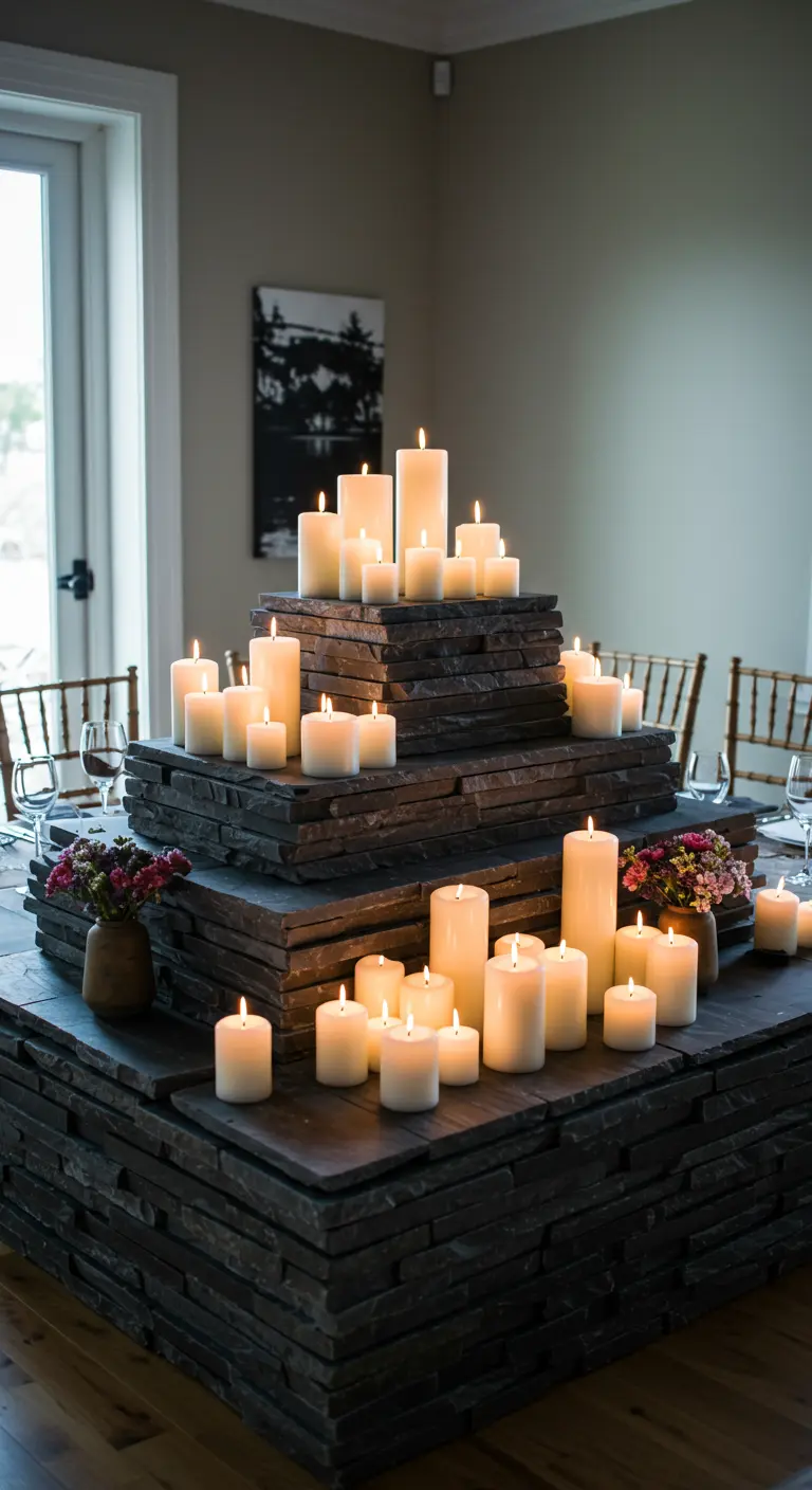 A multi-tiered structure made of stacked slate, covered in dozens of glowing pillar candles.