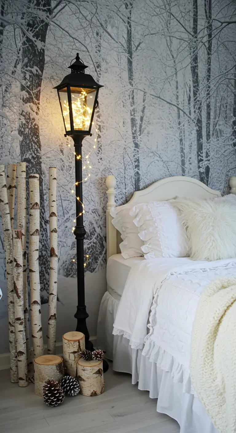 Bedroom corner with a winter forest mural and a lamppost filled with lights.