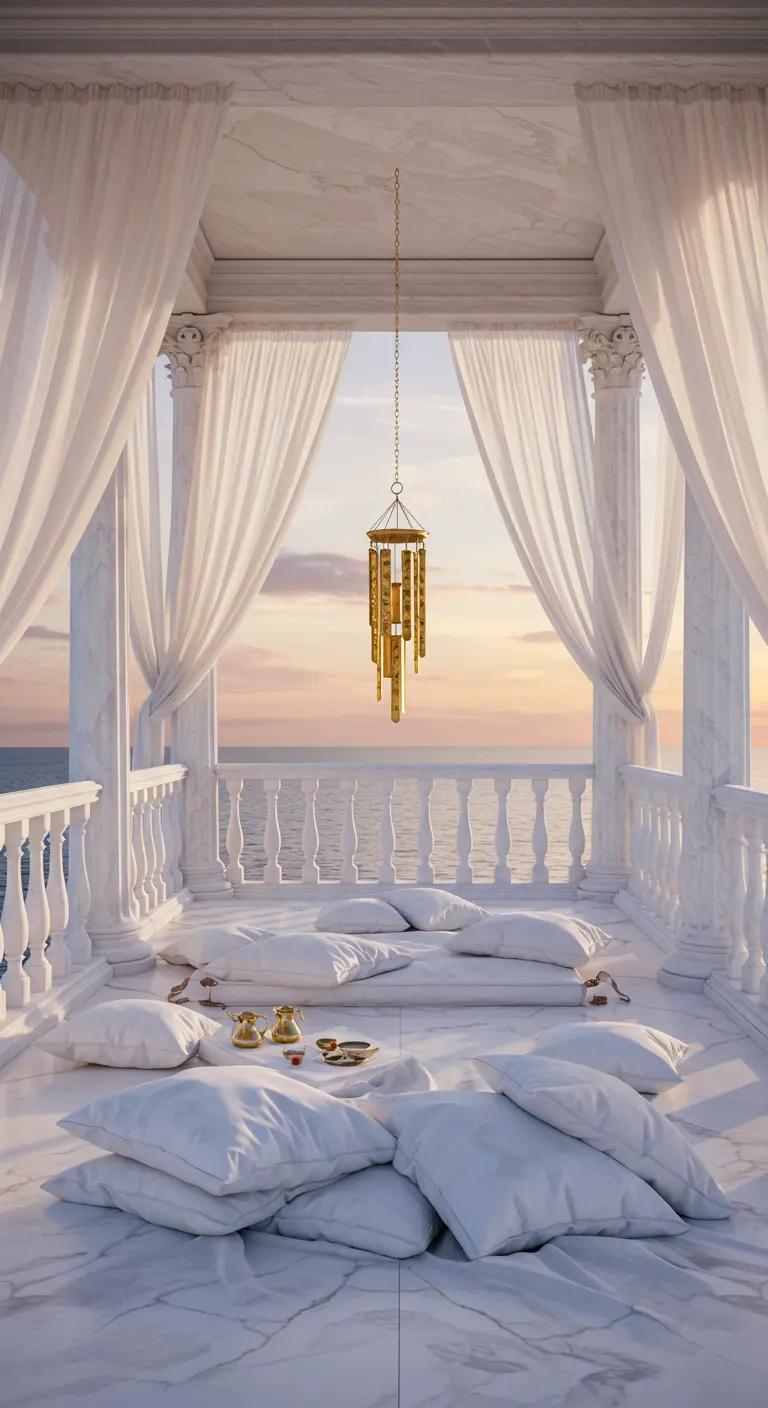White marble terrace with white pillows, sheer curtains, and a golden wind chime.