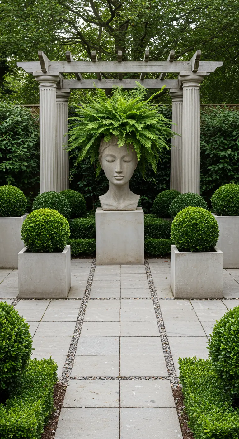 A formal garden with a classical pergola and a large head planter with a fern as a centerpiece.